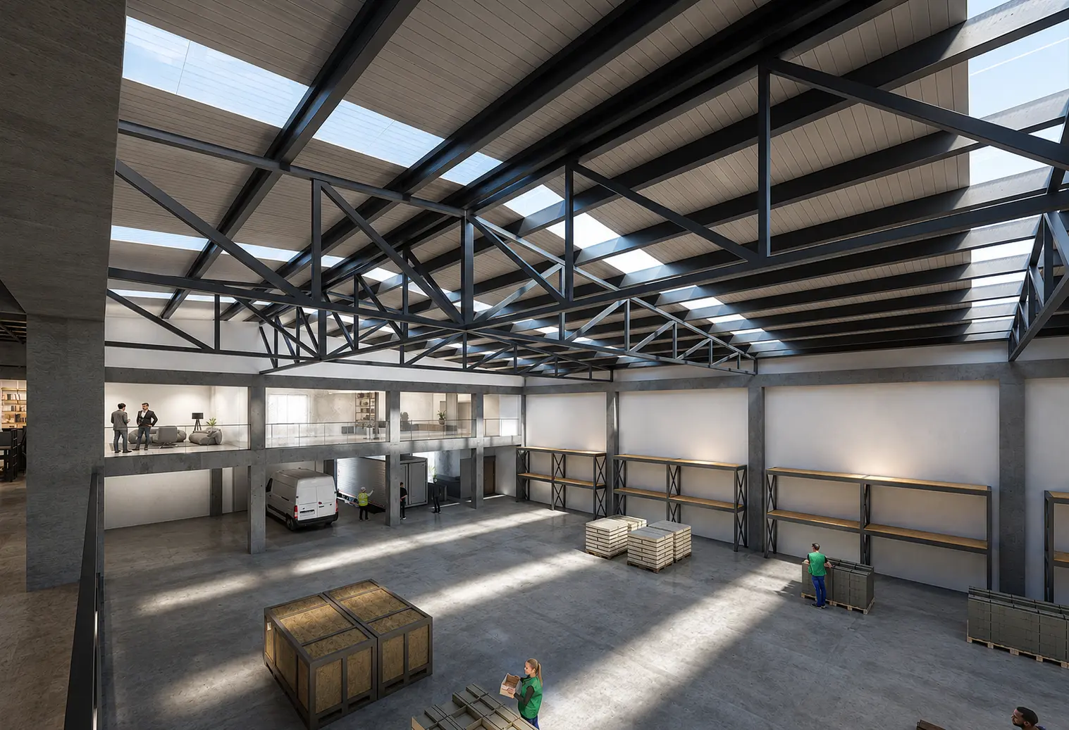 Estructura y cubierta de la bodega comercial con visual hacia el nivel administrativo