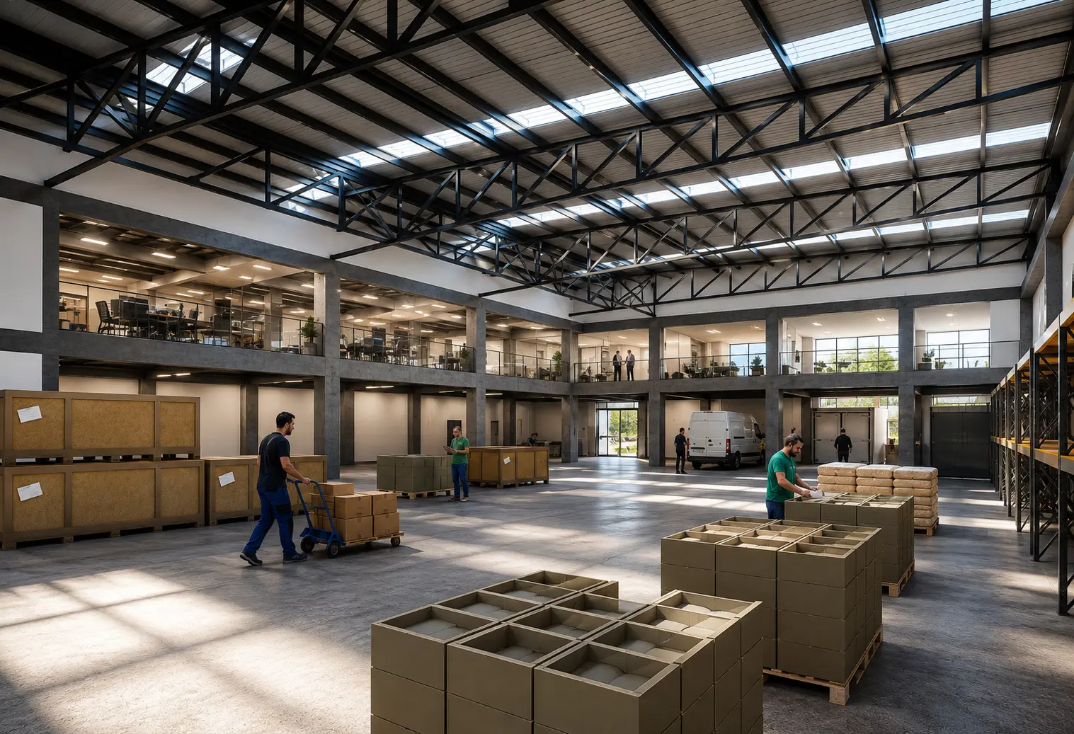 Nave operativa de bodega comercial, con almacenamiento y oficinas en mezzanine