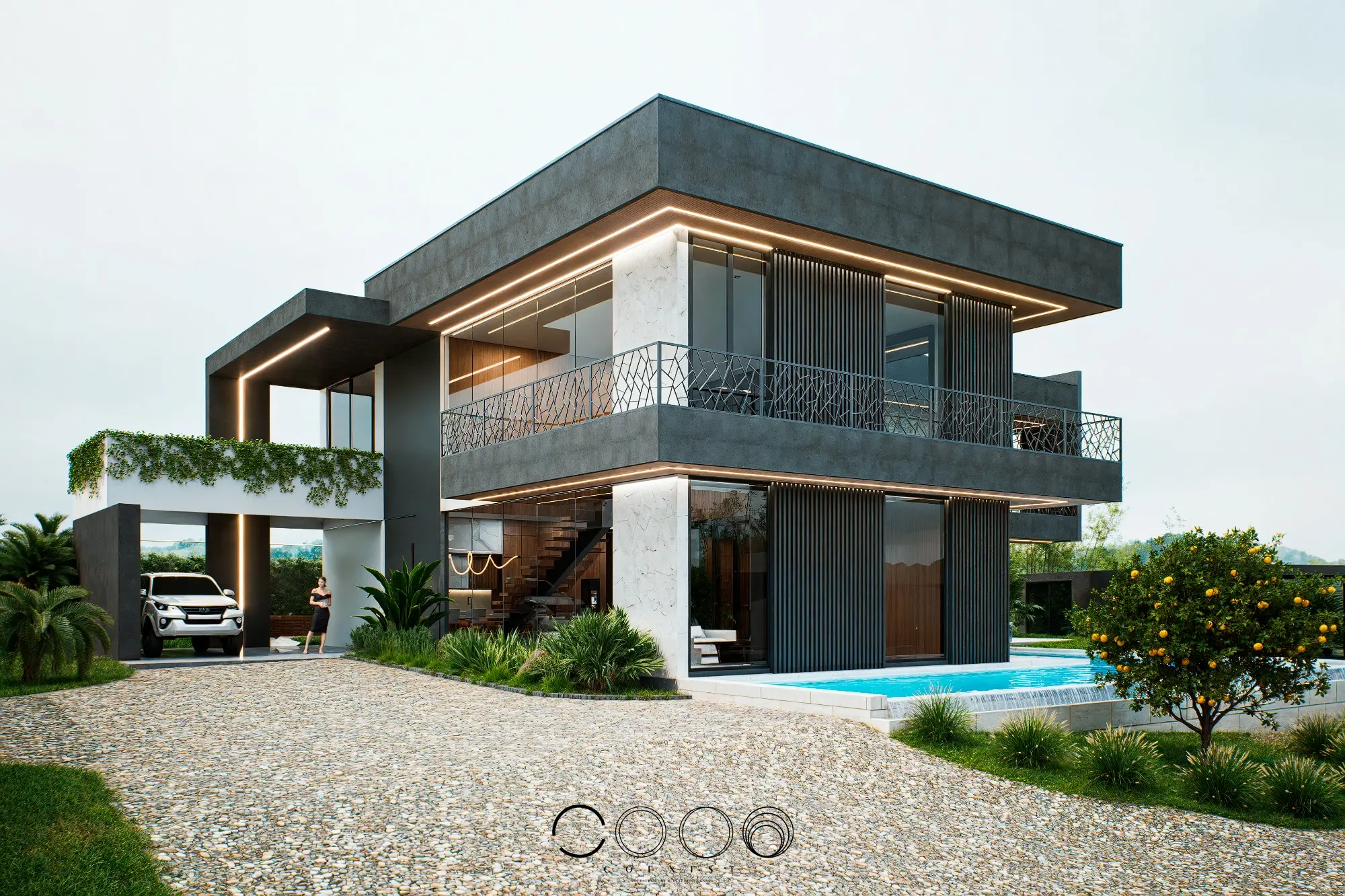 Fachada y acceso de Casa M, casa campestre contemporánea diseñada por Coexist