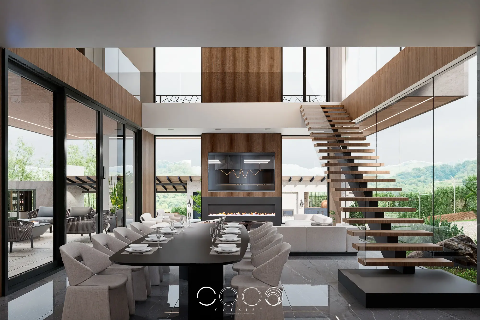 Sala de doble altura y escalera de Casa M, diseño interior de Mariana Marín Giraldo