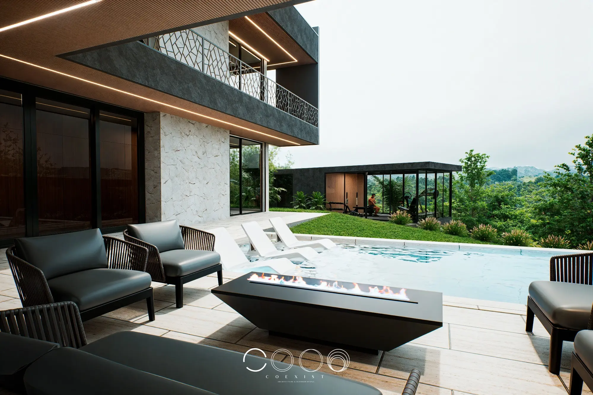 Terraza cubierta de Casa M junto a la zona de piscina