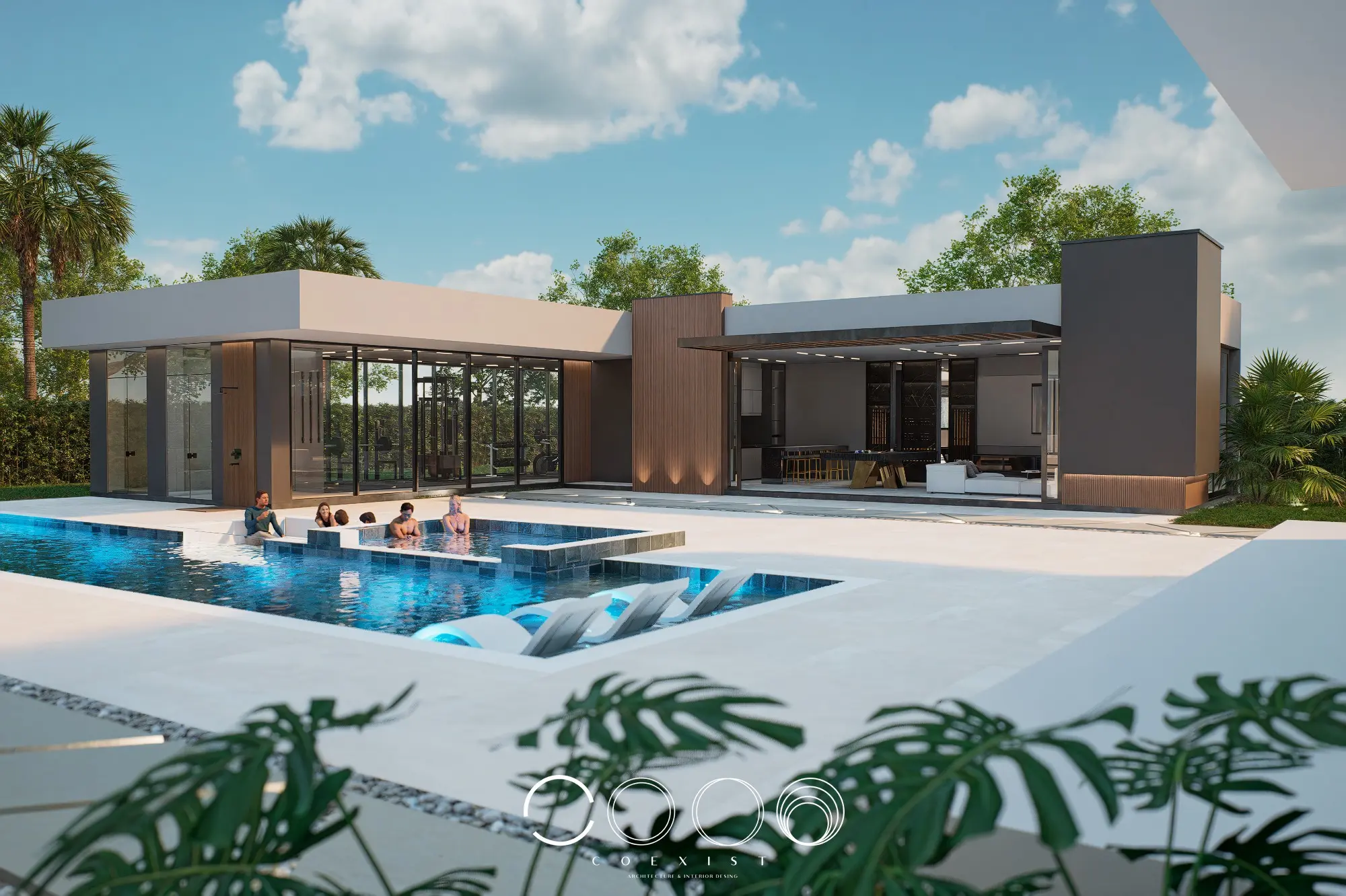 Propuesta construida de ampliación de la zona de entretenimiento en Casa La Elisa, alrededor de una piscina existente