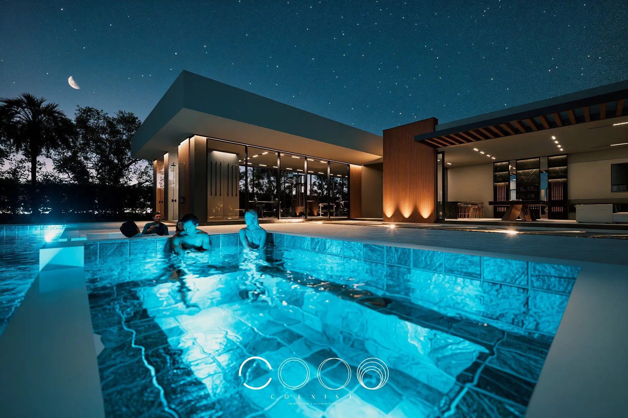 Vista nocturna del jacuzzi y zona húmeda complementaria diseñada para Casa La Elisa
