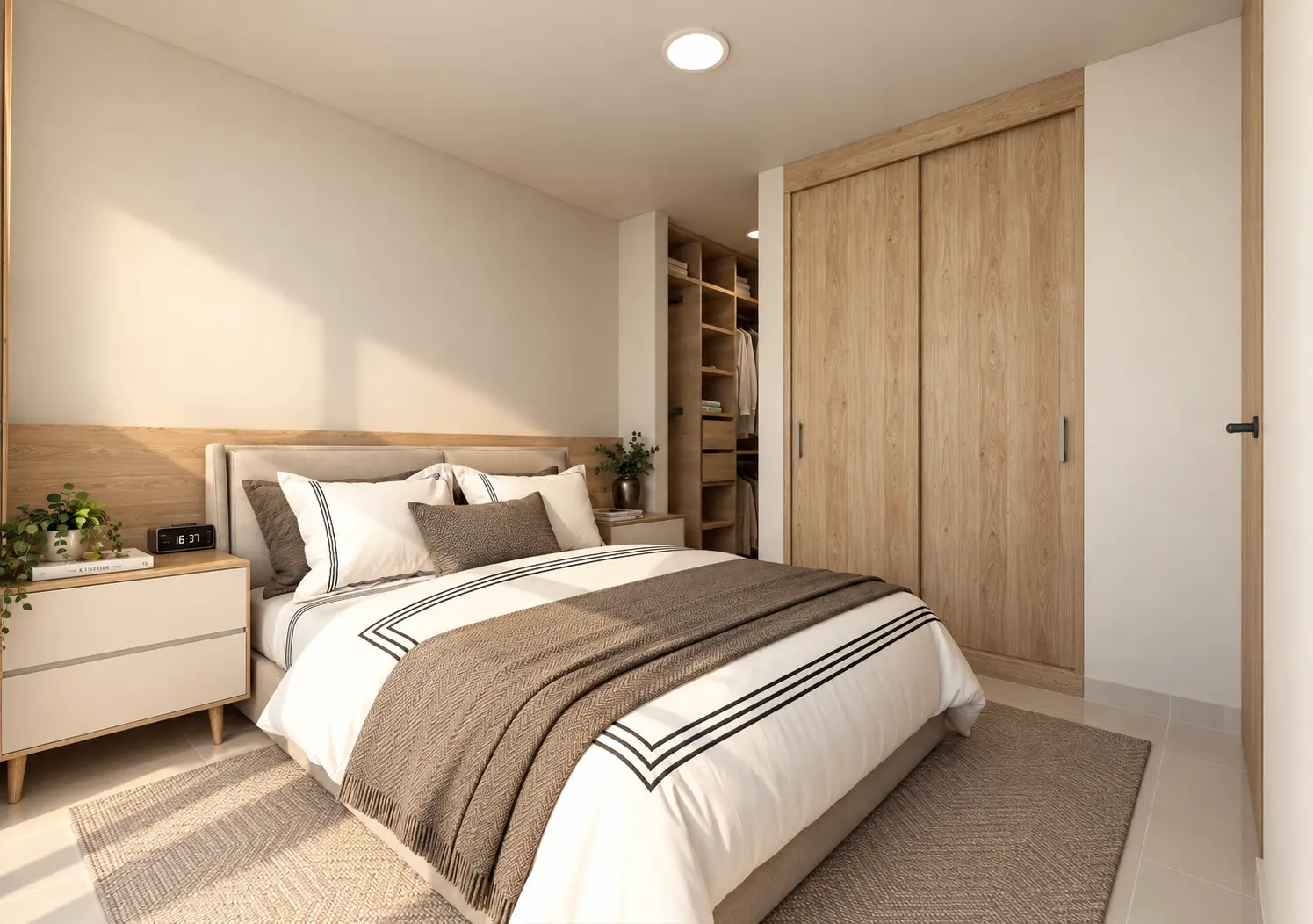 Visualización de dormitorio cálido y contemporáneo en Mirador 360
