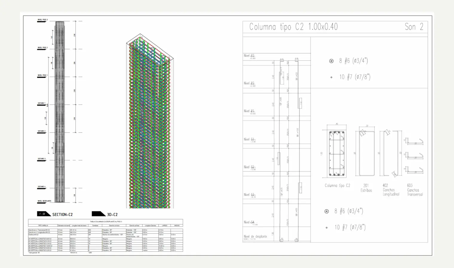 Modelo de acero de refuerzo y detalle de columna