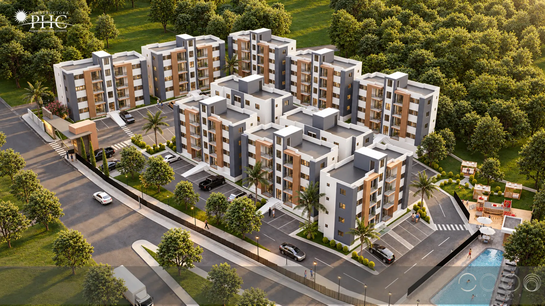 Vista aérea del conjunto residencial Praderas del Jaya en República Dominicana, visualización de Coexist