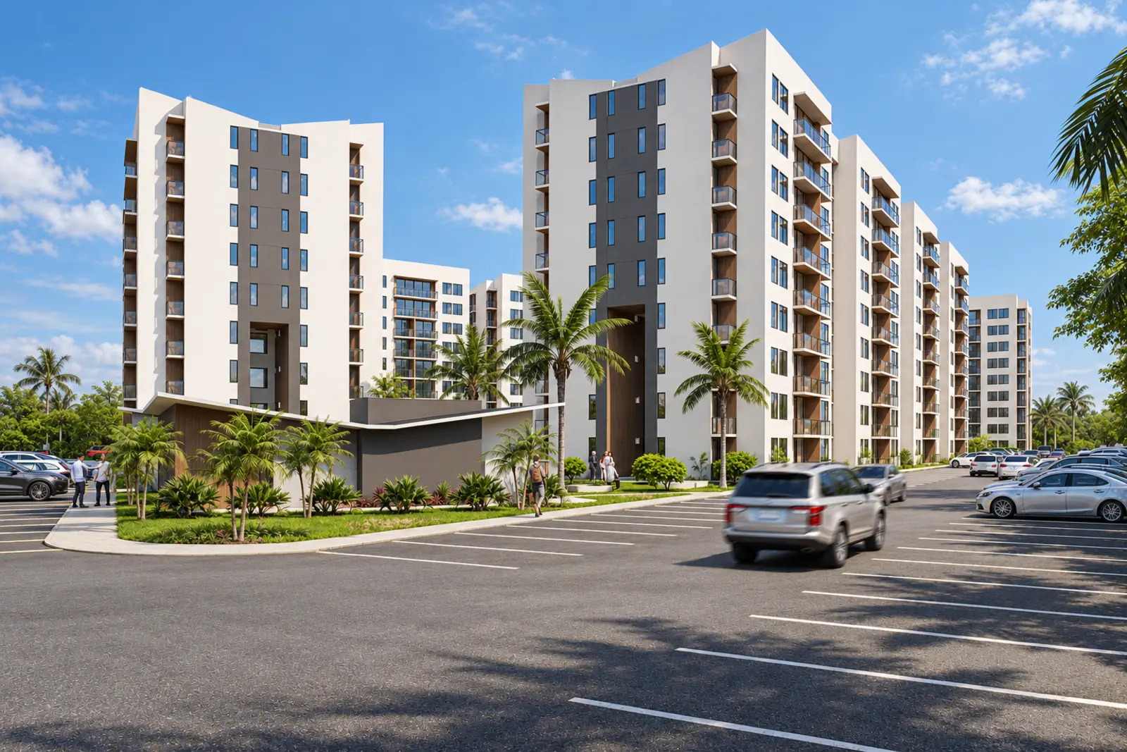 Visualización a nivel de calle de los edificios residenciales del proyecto San Rafael en República Dominicana