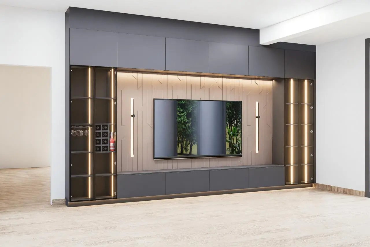 Render de diseño del mueble de televisión para Casa Samay, con carpintería oscura, panel central e iluminación integrada