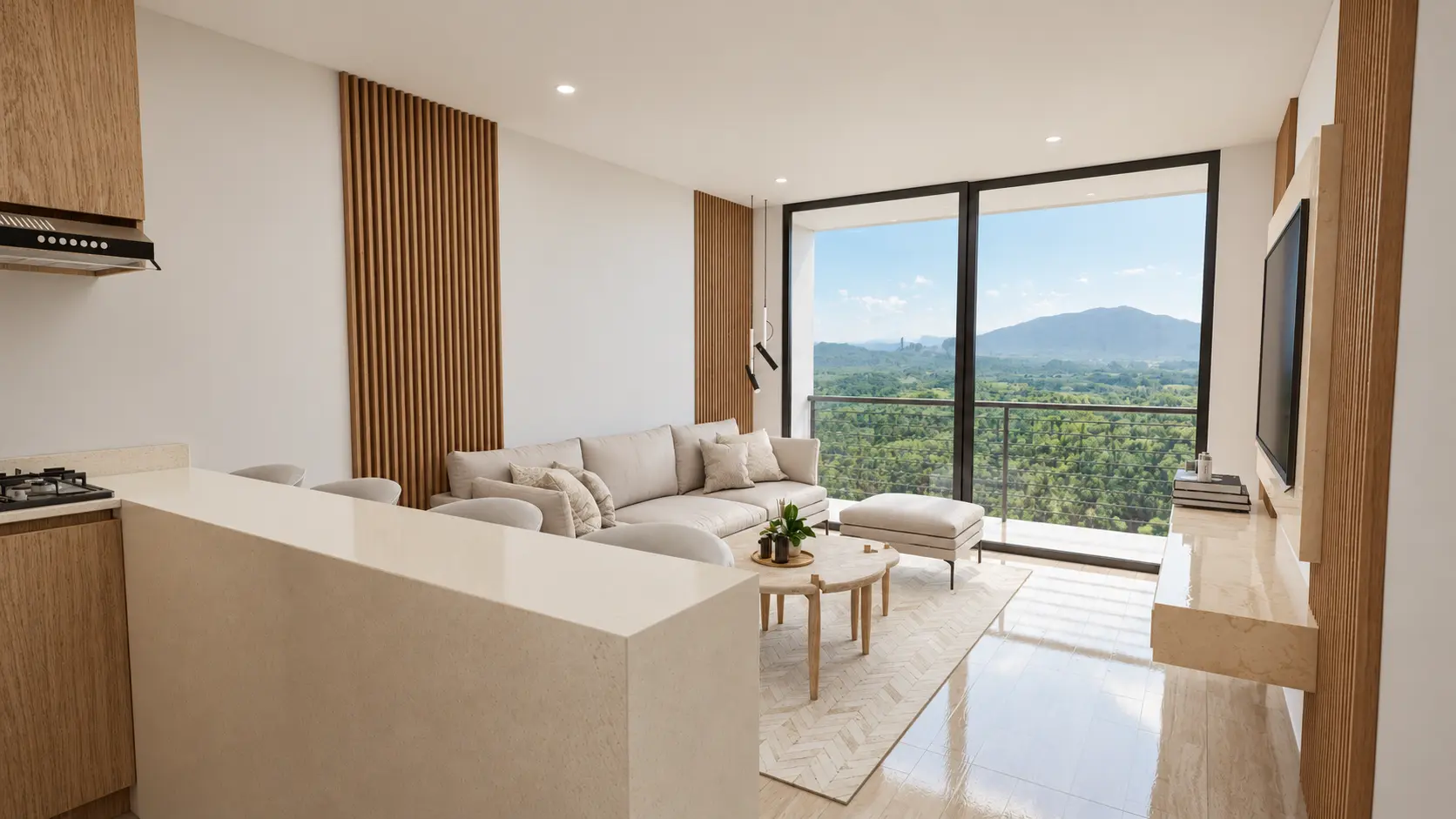 Sala, cocina abierta y balcón en un apartamento tipo de San Rafael