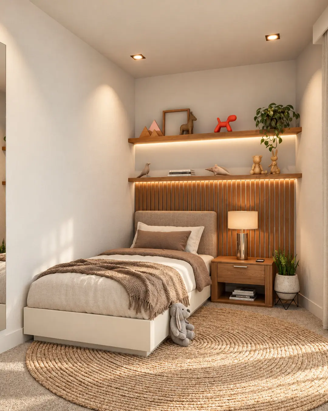 Alcoba con carpintería e iluminación cálida de San Diego Apartamentos