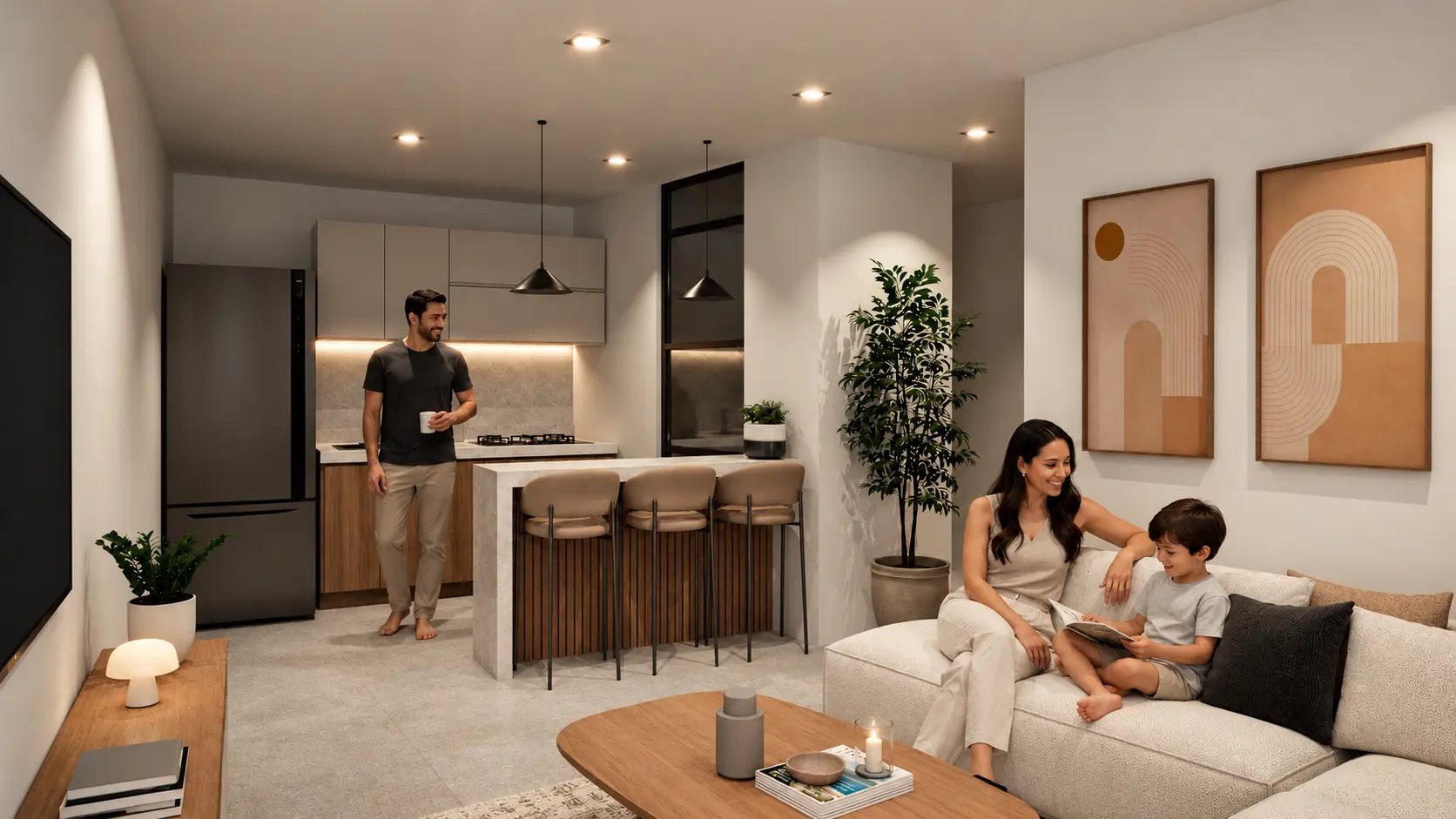 Diseño de cocina abierta, comedor y sala para San Diego Apartamentos