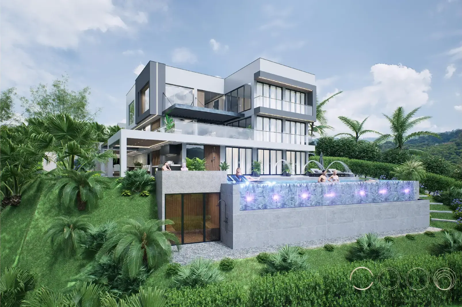 Fachada posterior de Casa San Martín integrada con el jardín y la piscina proyectada