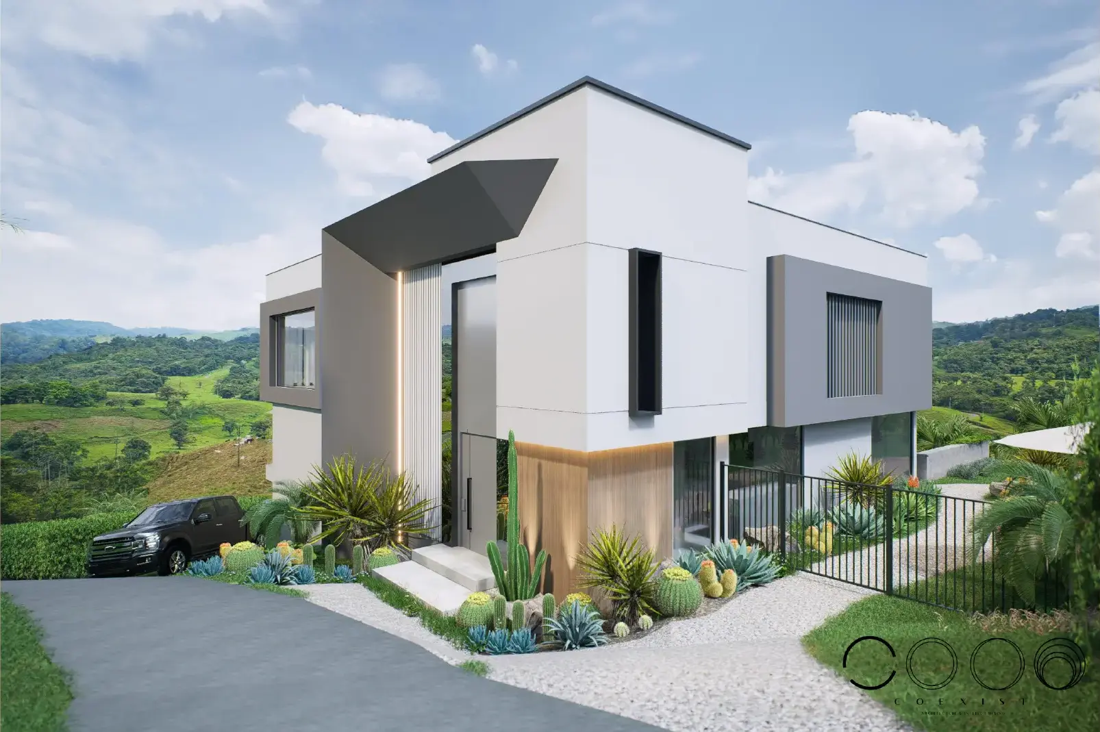 Fachada de acceso de Casa San Martín diseñada por Coexist Arquitectura, imagen conceptual