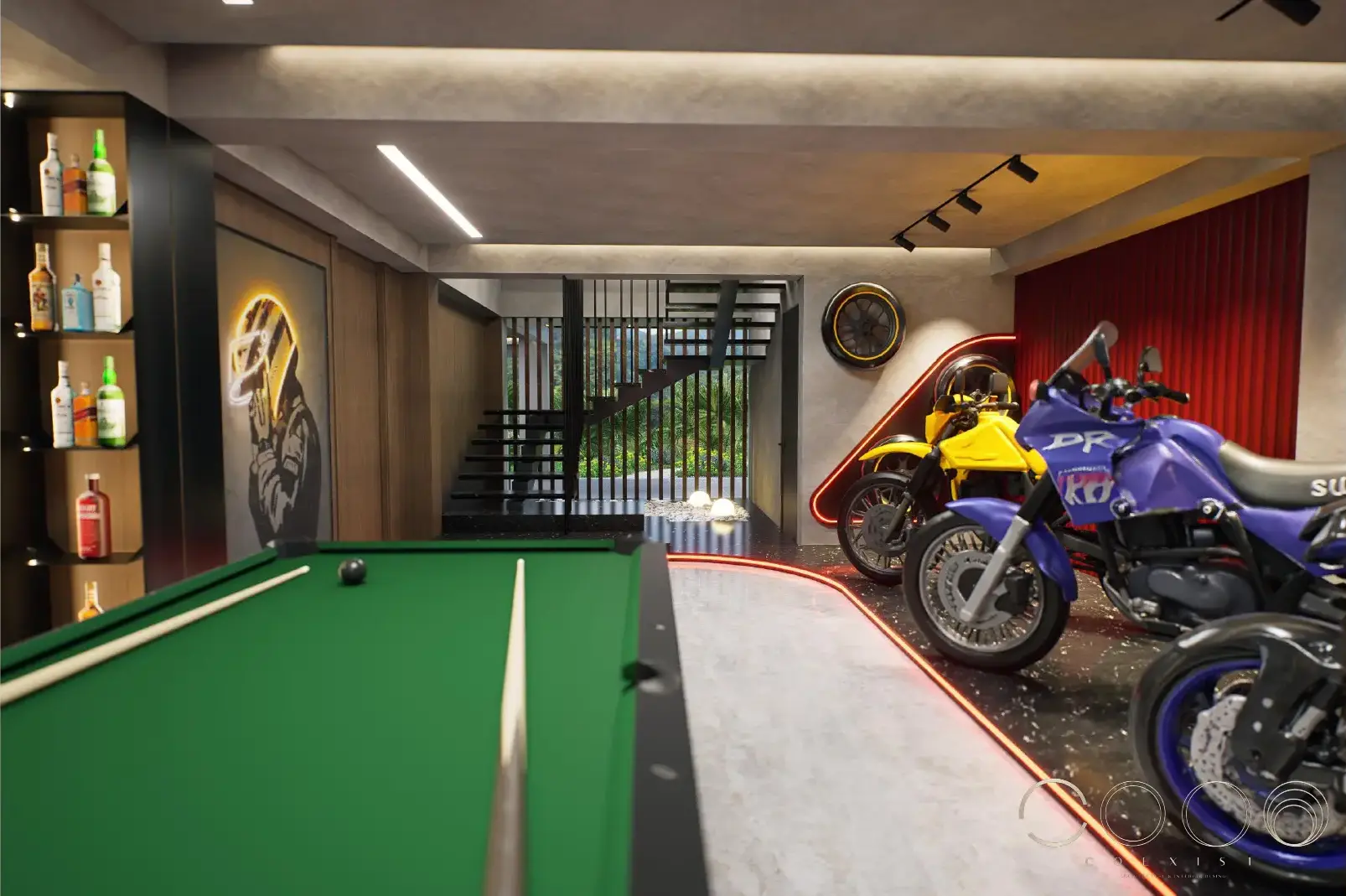 Propuesta de salón de entretenimiento con billar y motocicletas en Casa San Martín