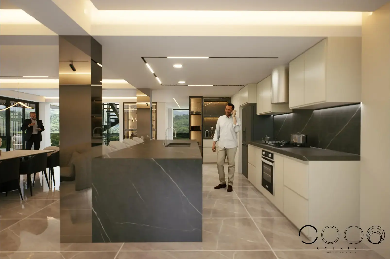 Interiorismo de cocina abierta y comedor de Casa San Martín