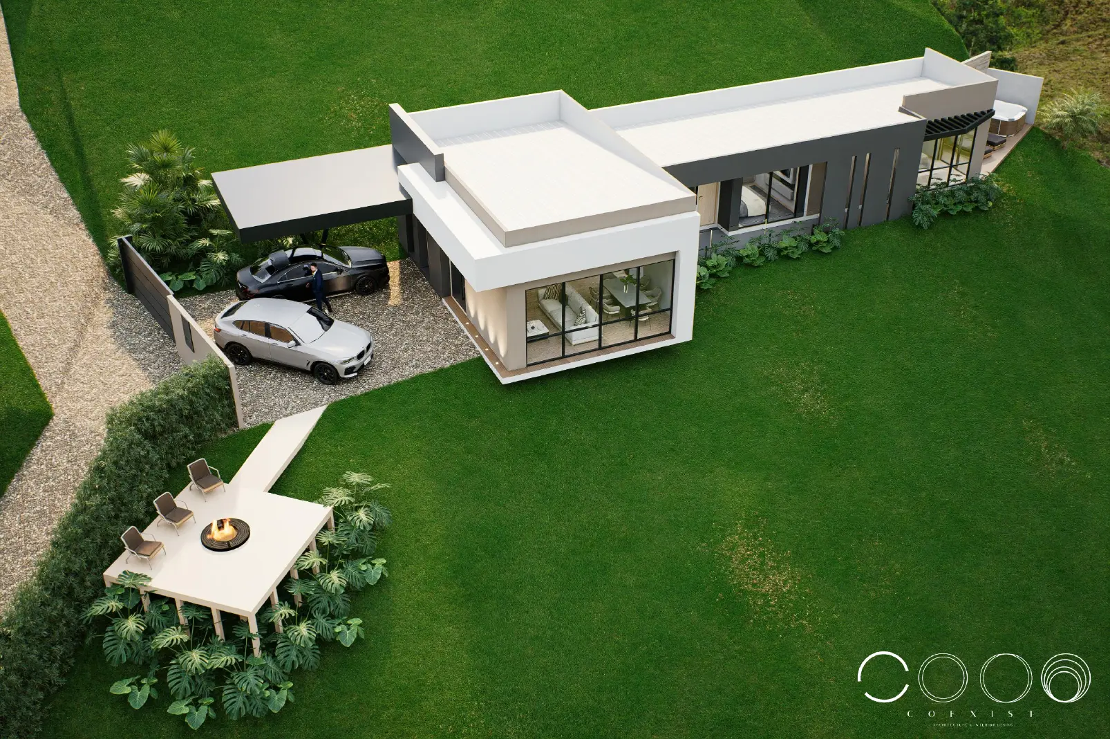 Vista aérea de la casa y su implantación conceptual en el terreno