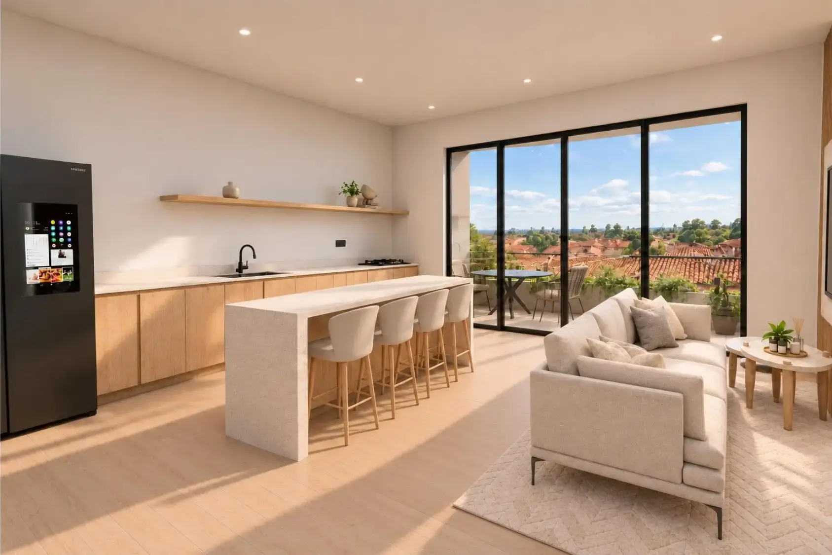 Diseño de cocina y sala con iluminación natural del apartamento 202 de Casa Vijes