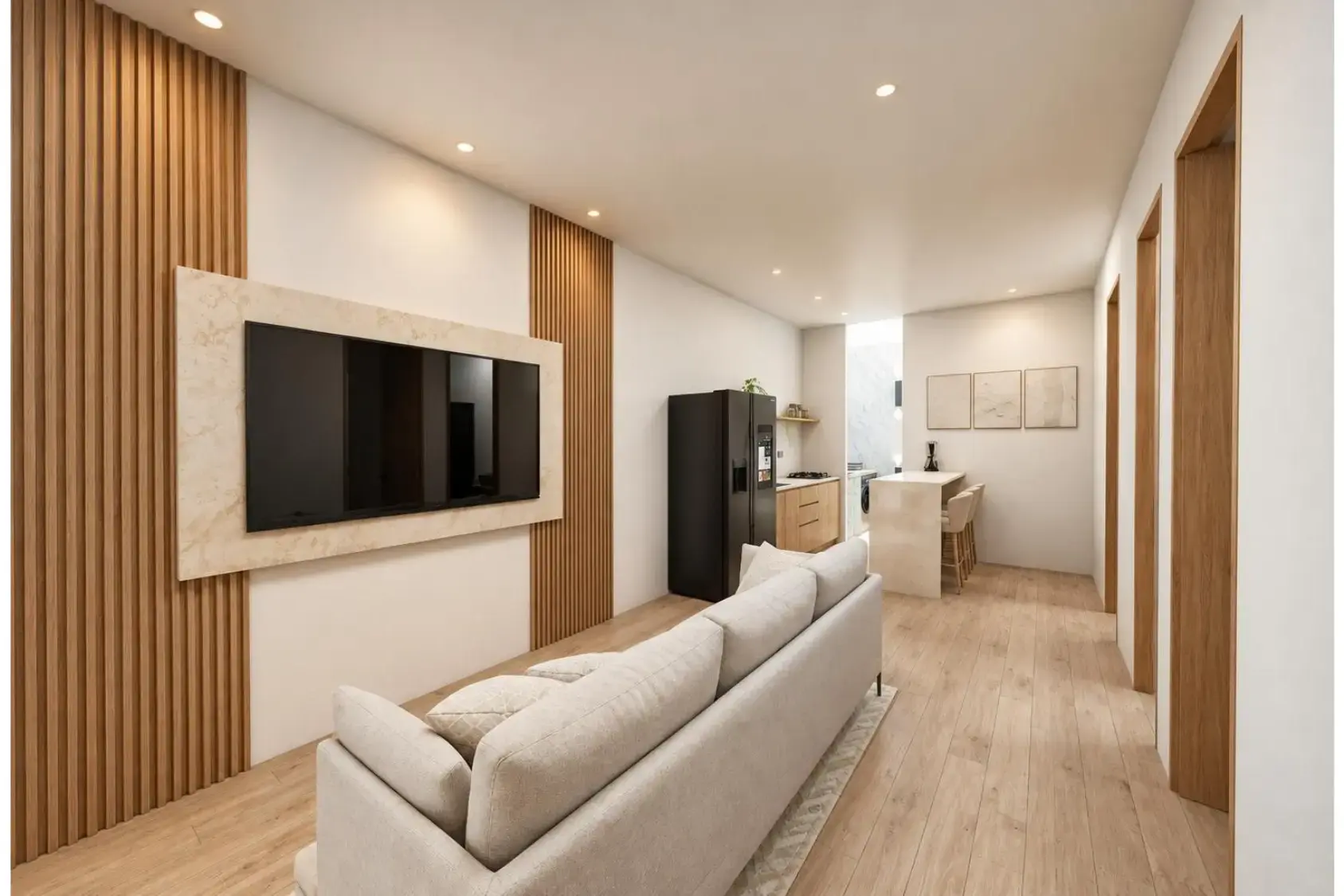 Diseño de sala y muro TV del apartamento 102 de Casa Vijes